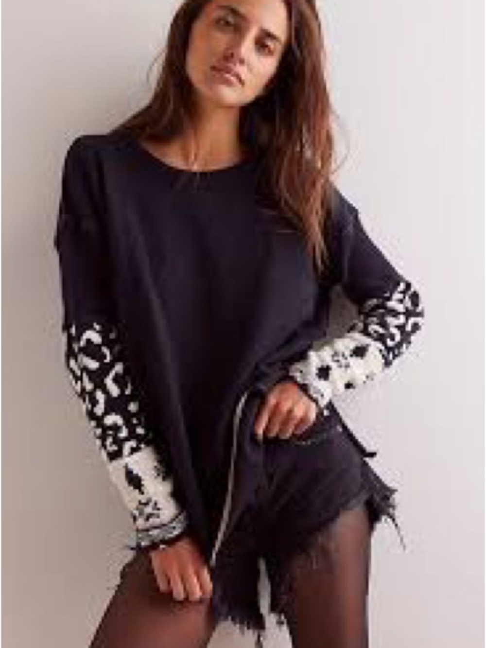 We The Free Black Pullover with White & Black Animal-Print Sleeves